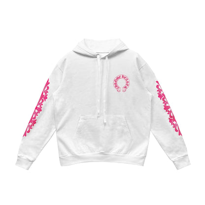 Pink Horseshoe Floral Sleeve White Pullover Hoodie