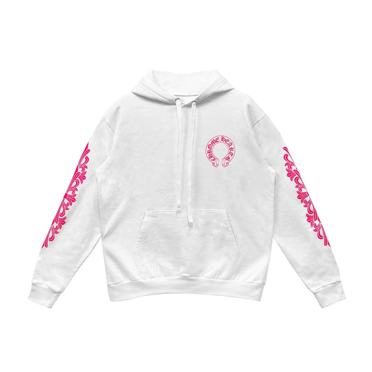 Pink Horseshoe Floral Sleeve White Pullover Hoodie