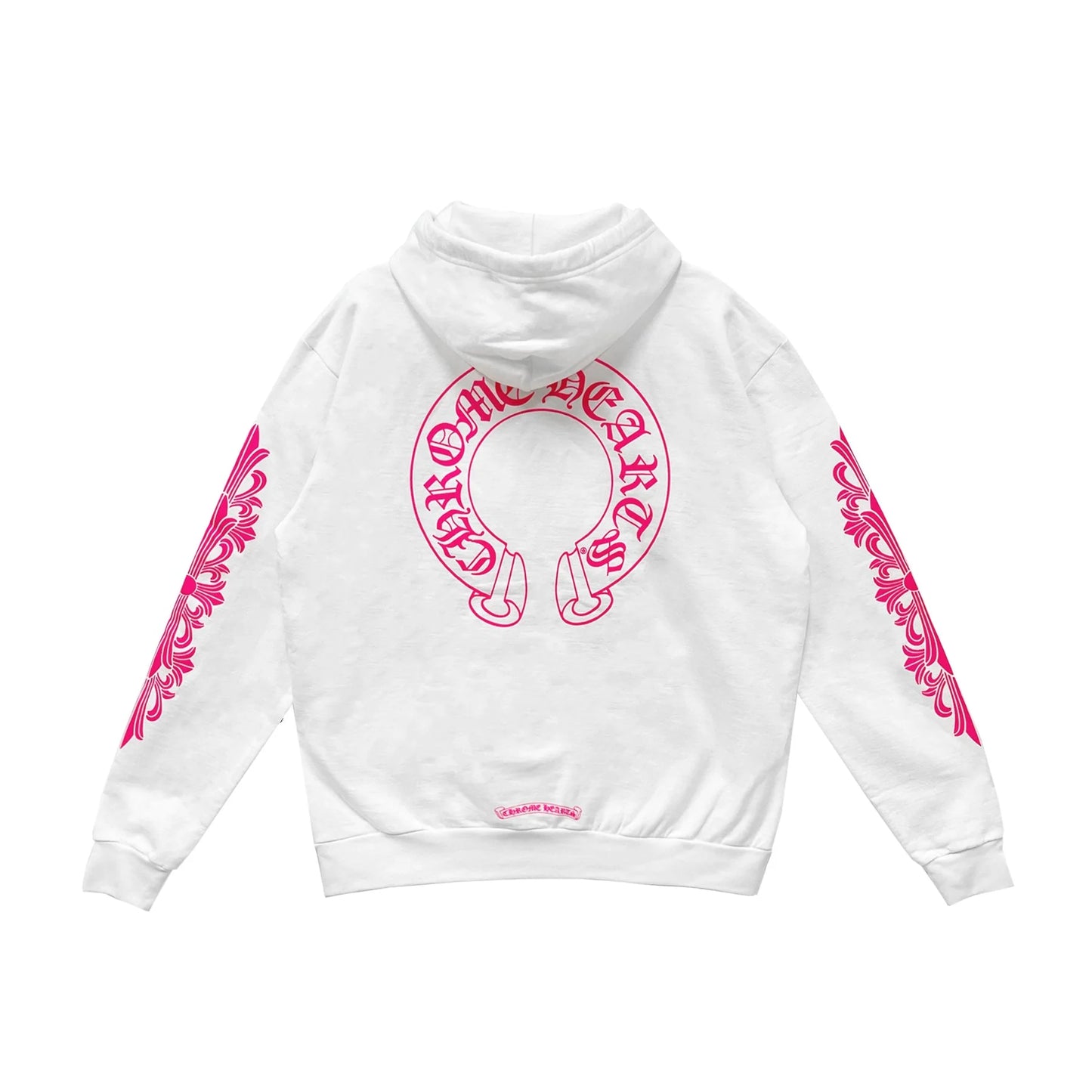 Pink Horseshoe Floral Sleeve White Pullover Hoodie