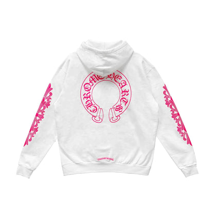 Pink Horseshoe Floral Sleeve White Pullover Hoodie