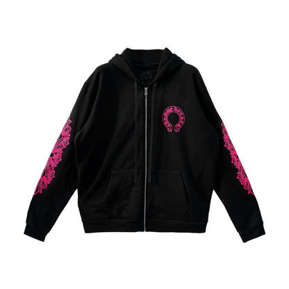 Pink Horseshoe Floral Sleeve Chrome Hearts Zip Up Hoodie