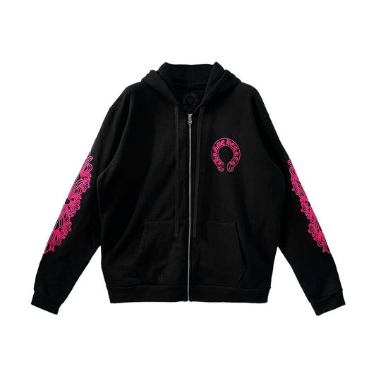 Pink Horseshoe Floral Sleeve Chrome Hearts Zip Up Hoodie