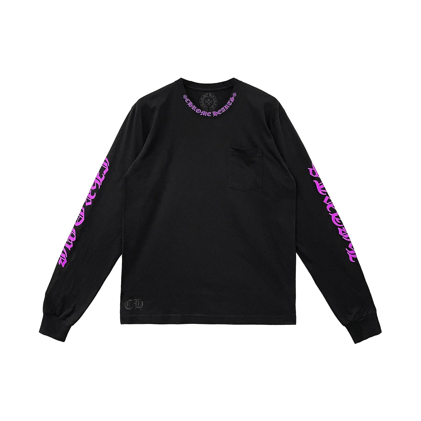 Purple Letter Collar Long Sleeve Black Tshirt