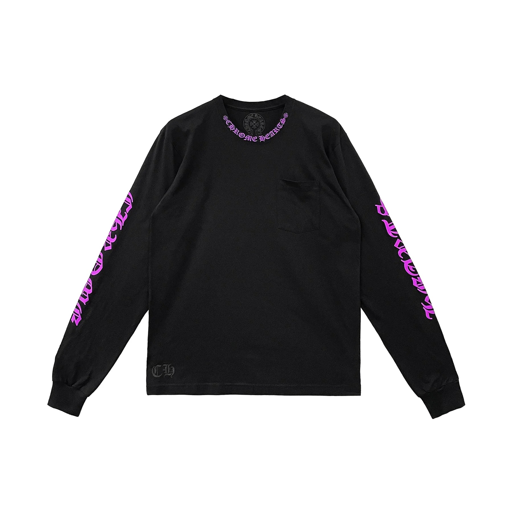 Purple Letter Collar Long Sleeve Black Tshirt