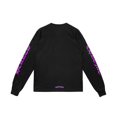 Purple Letter Collar Long Sleeve Black Tshirt
