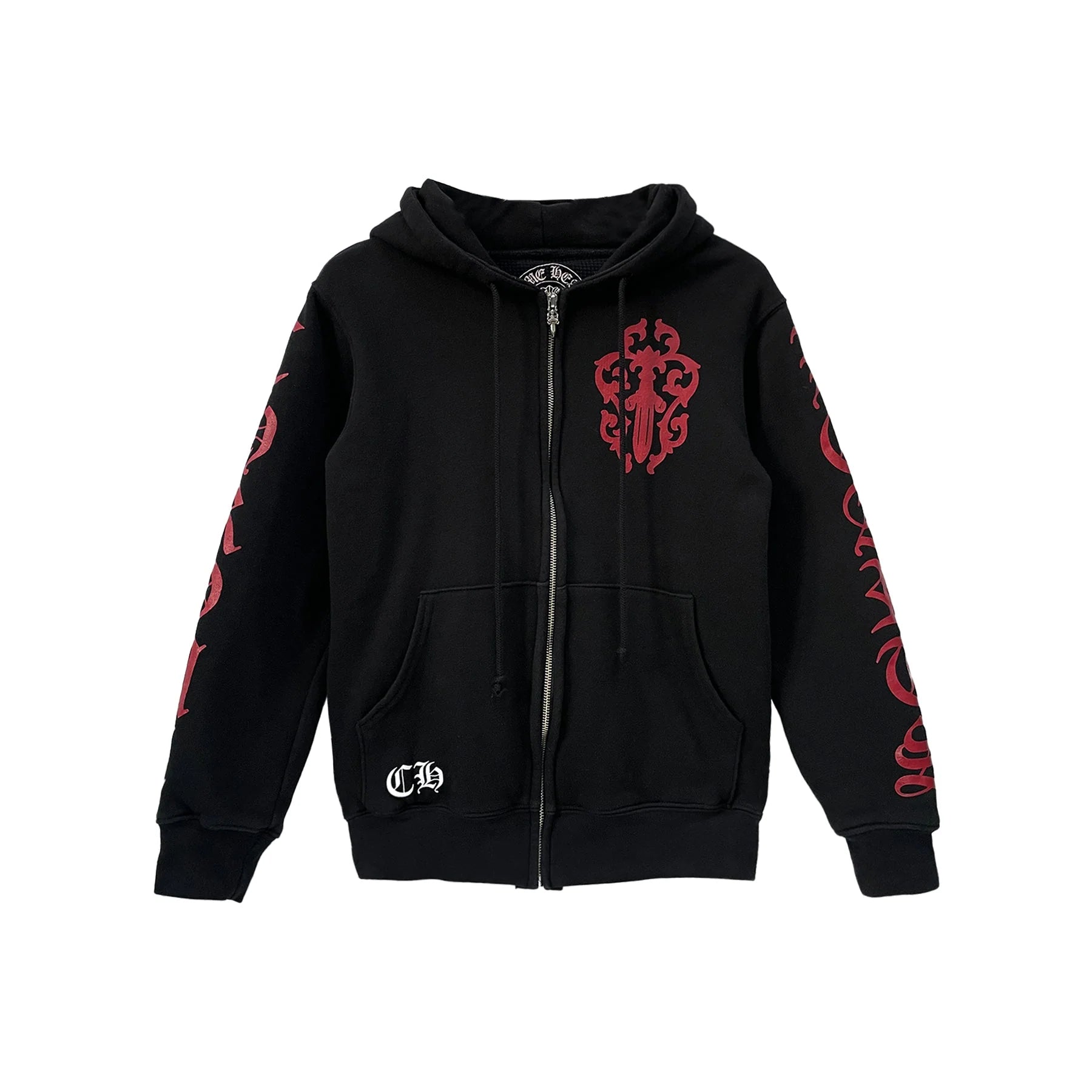 Black Chrome Hearts Red Dagger Logo Zip Up Hoodie