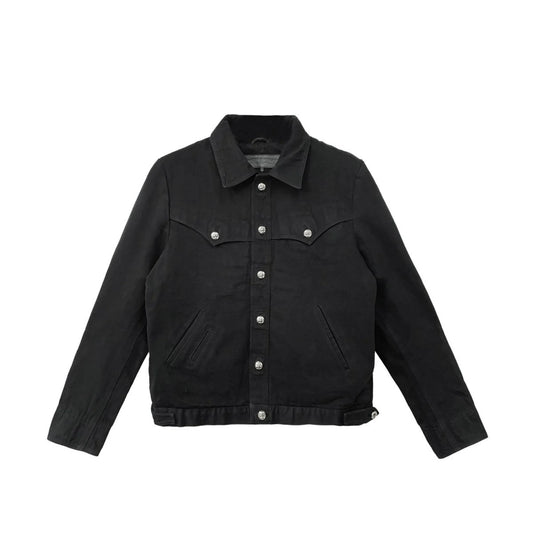 Red Floral Cross Leather Patch Denim Black Jacket