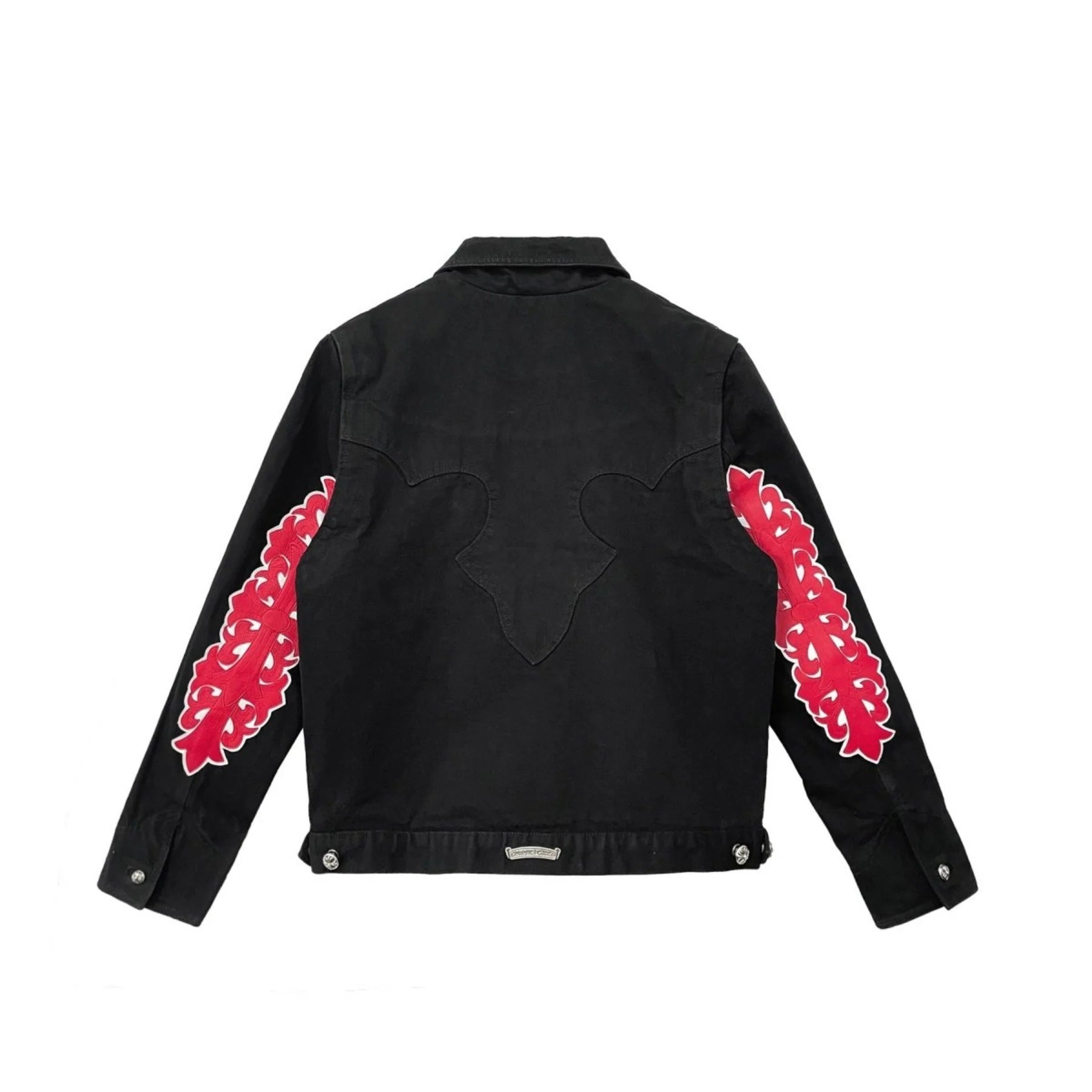 Red Floral Cross Leather Patch Denim Black Jacket