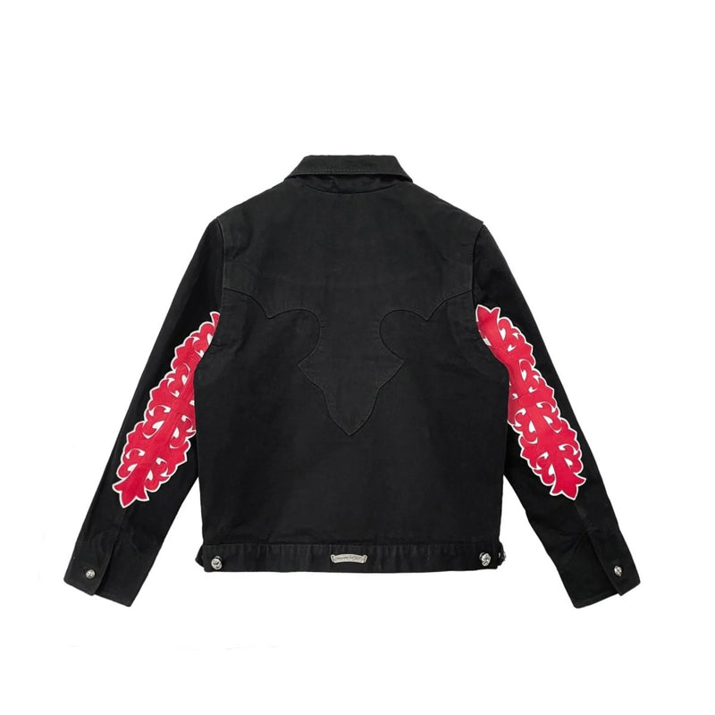 Red Floral Cross Leather Patch Denim Black Jacket