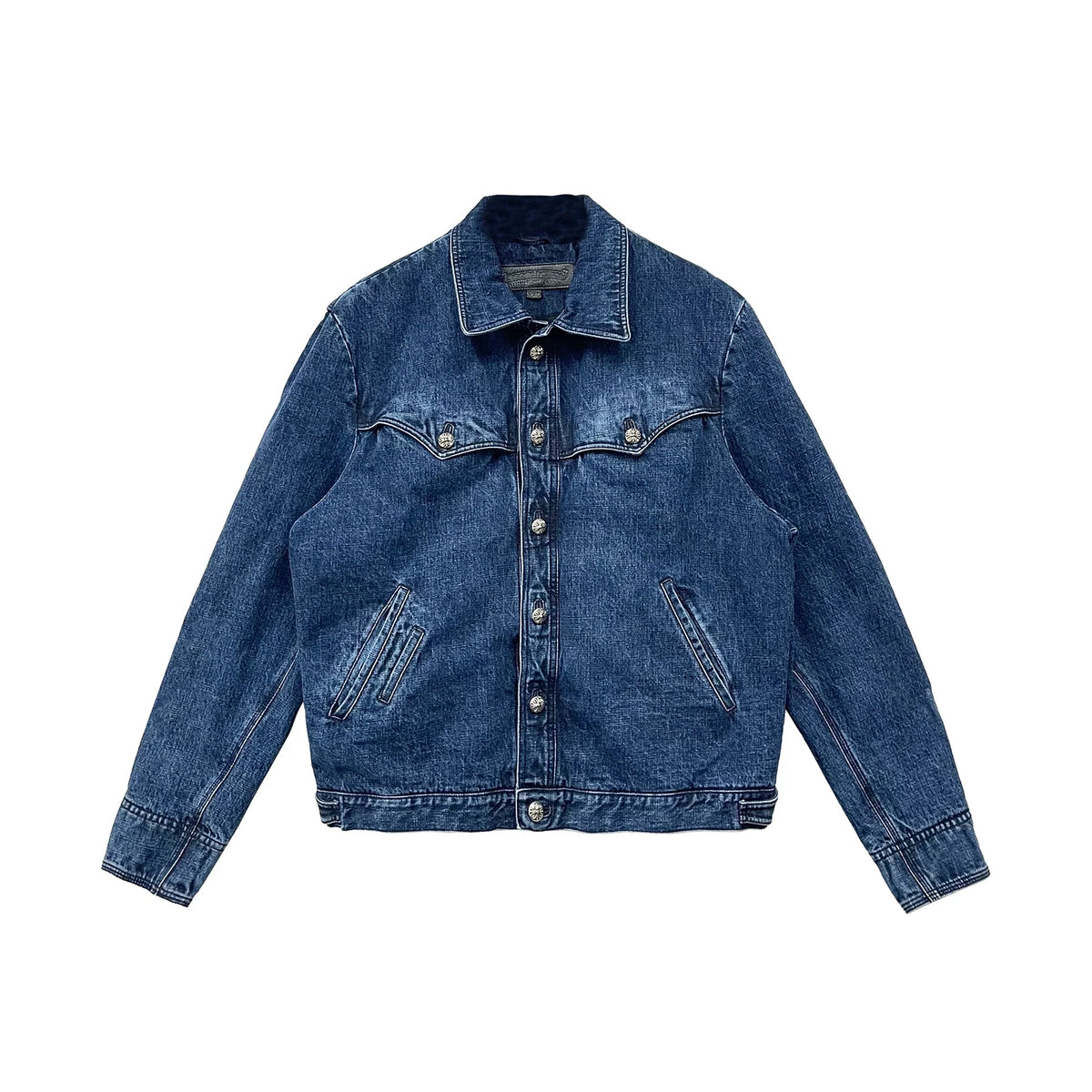 Red Floral Cross Leather Patch Blue Denim Jacket
