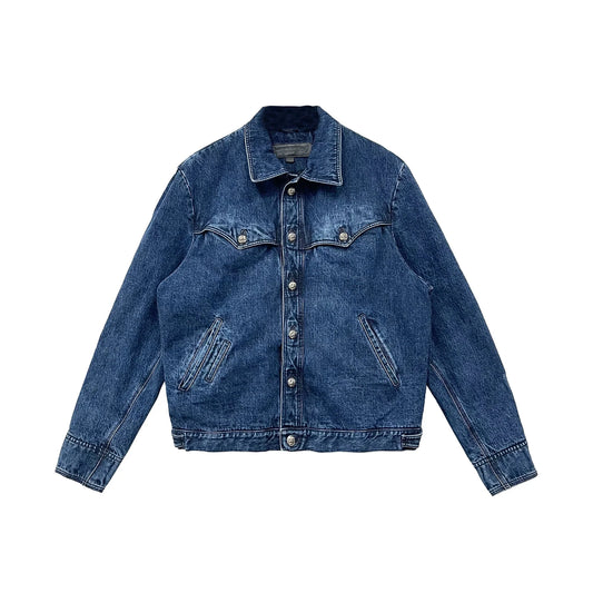 Red Floral Cross Leather Patch Blue Denim Jacket