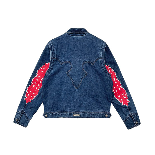 Red Floral Cross Leather Patch Blue Denim Jacket