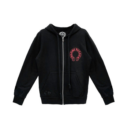 Red Horseshoe Logo Chrome Hearts Zip Up Hoodie Black