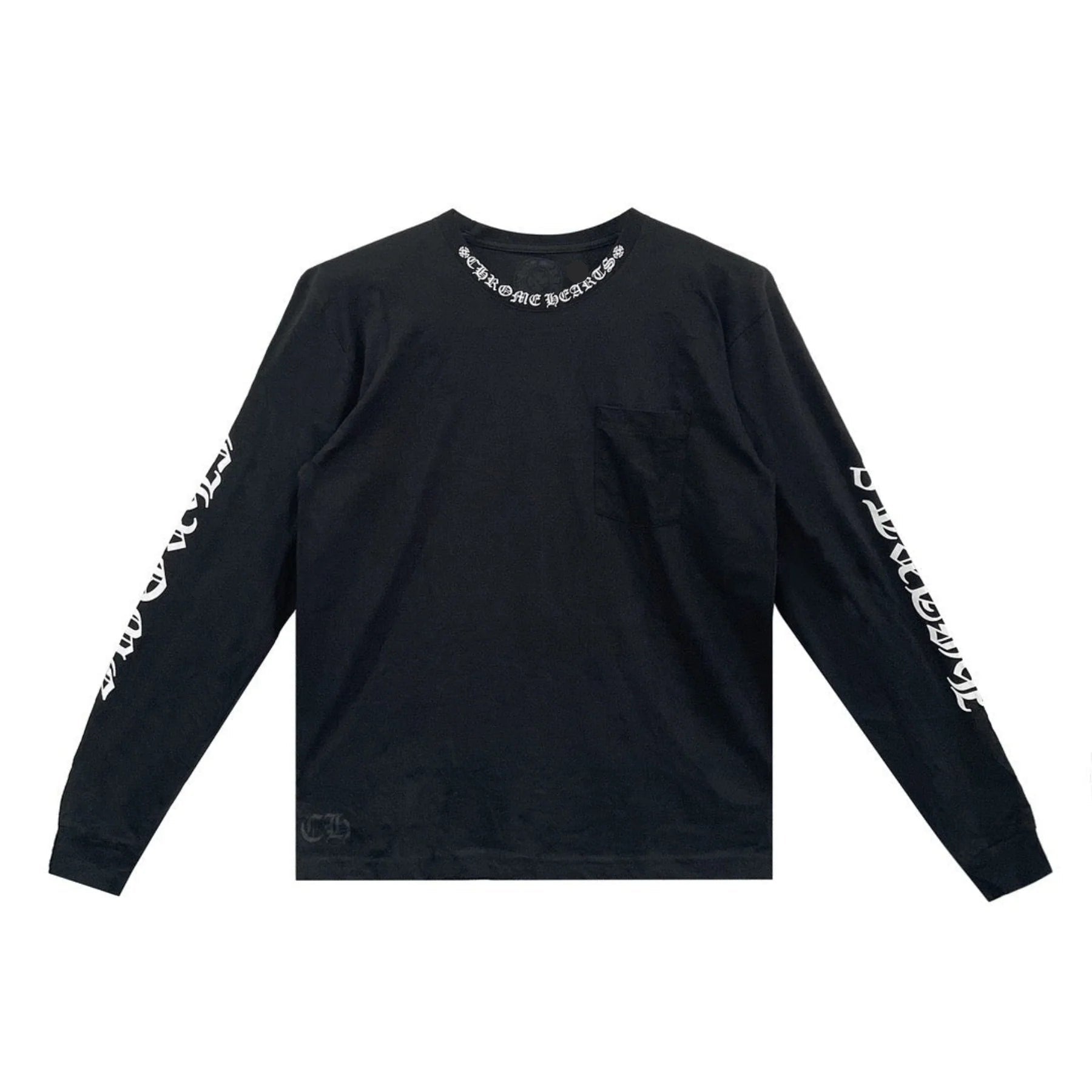 White Script Collar Long Sleeve Black Tee
