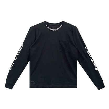White Script Collar Long Sleeve Black Tee