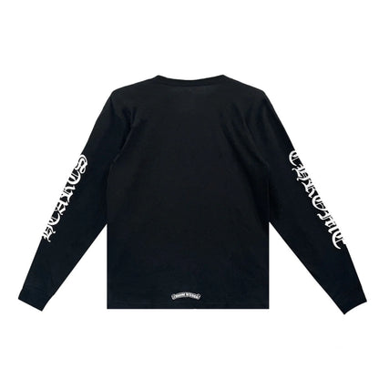 White Script Collar Long Sleeve Black Tee