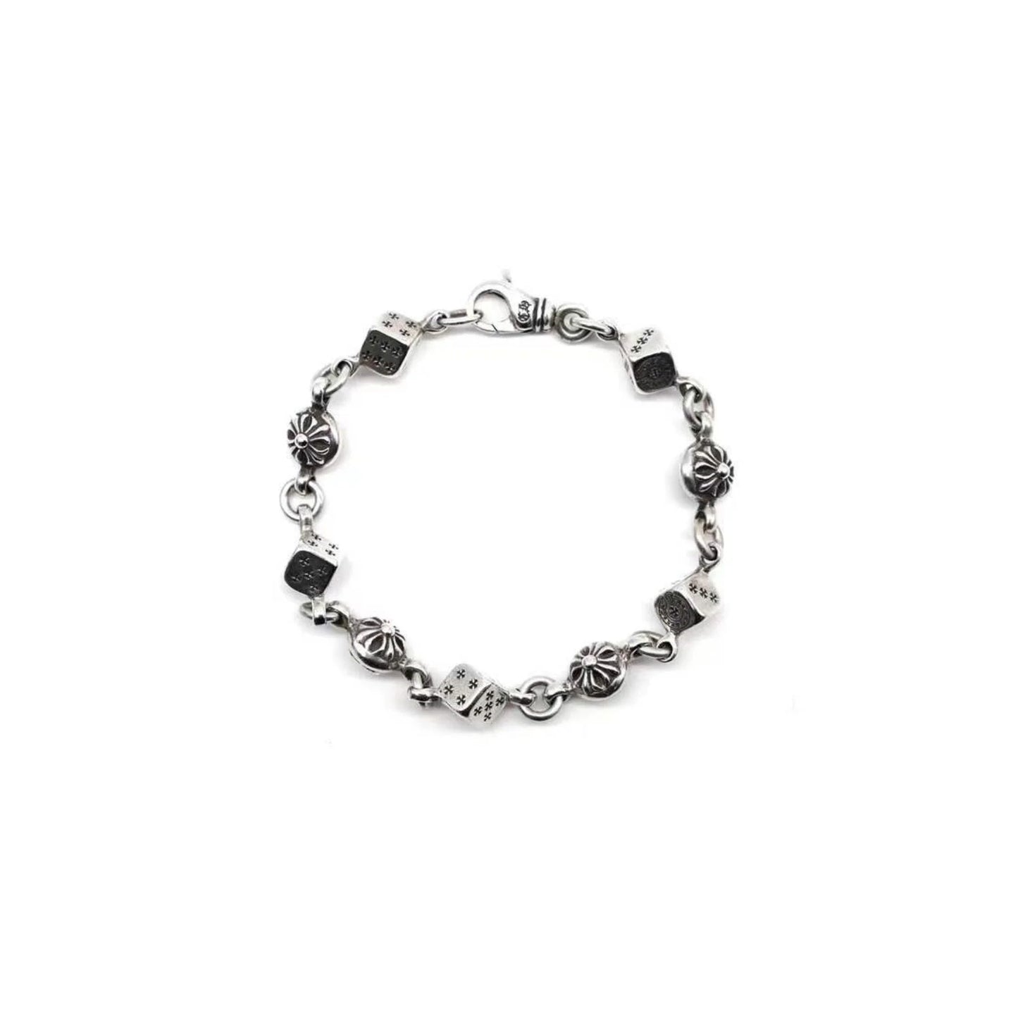Chrome Hearts Silver Dice Cross Ball Lobster Clasp Bracelet