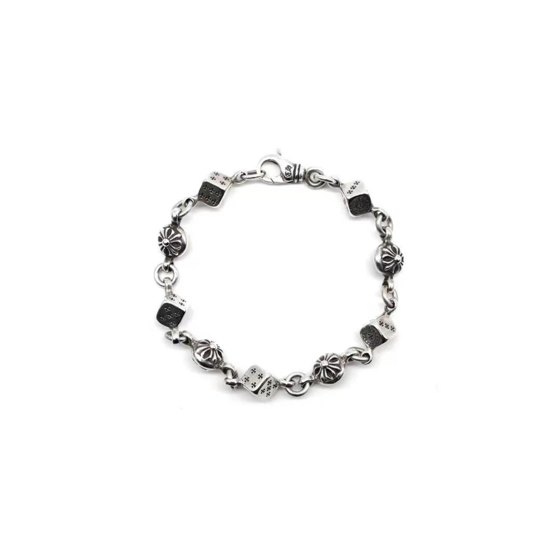 Chrome Hearts Silver Dice Cross Ball Lobster Clasp Bracelet
