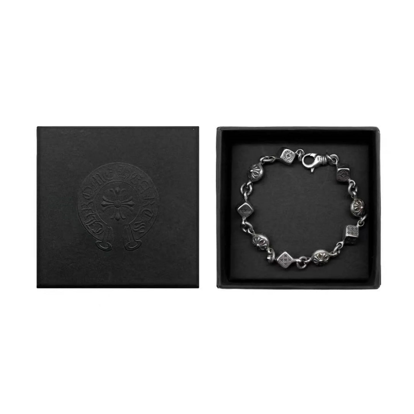 Chrome Hearts Silver Dice Cross Ball Lobster Clasp Bracelet