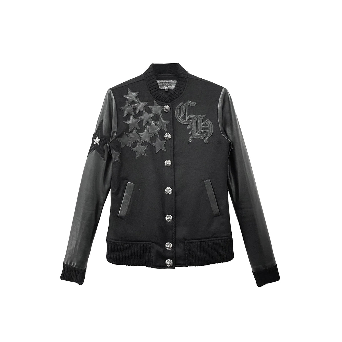 Stars Wool Leather Sleeve Baseball Black Jacket
