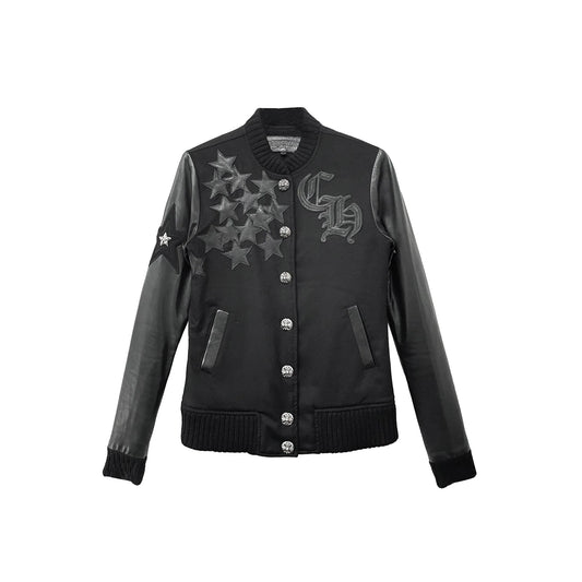 Stars Wool Leather Sleeve Baseball Black Jacket