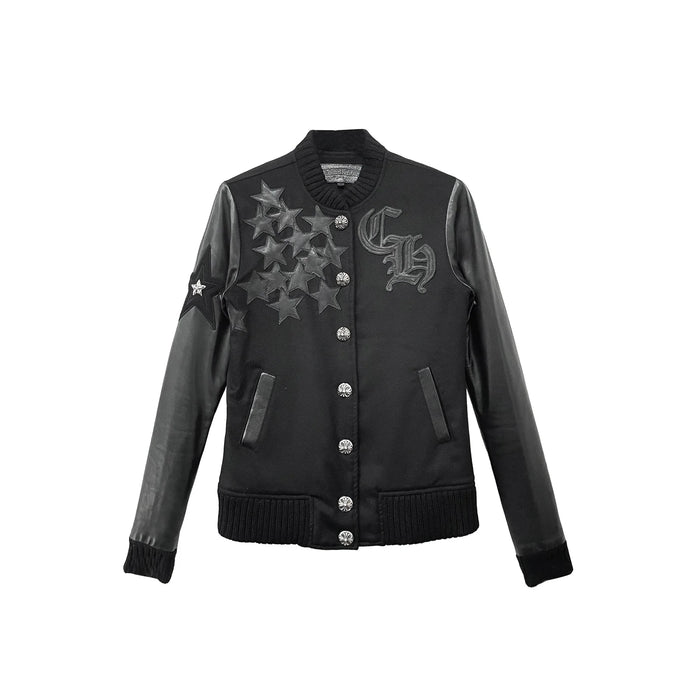 Stars Wool Leather Sleeve Baseball Black Jacket