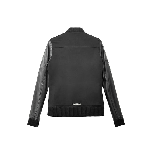 Stars Wool Leather Sleeve Baseball Black Jacket