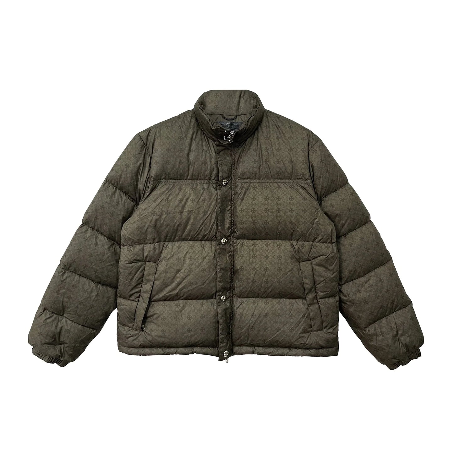 Unisex Olive Tonal Monogram Cross Pattern Puffer Down Jacket