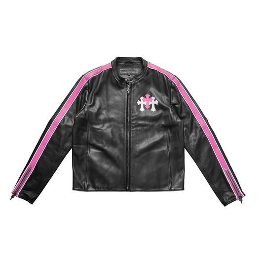 White Pink Cross Patch Black Leather Jacket