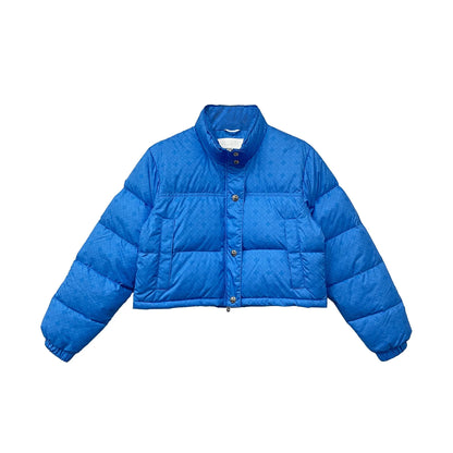 Women's Tonal Monogram Cross Pattern Cropped Blue Puffer Down Jacket