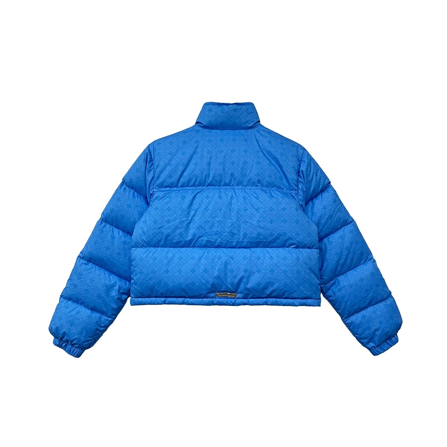 Women's Tonal Monogram Cross Pattern Cropped Blue Puffer Down Jacket